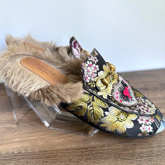 Gucci Princetown Jacquard Kangaroo EU 37 US 6.5/7 Horsebit Fur Heart Mule Slides - Picture 6 of 12